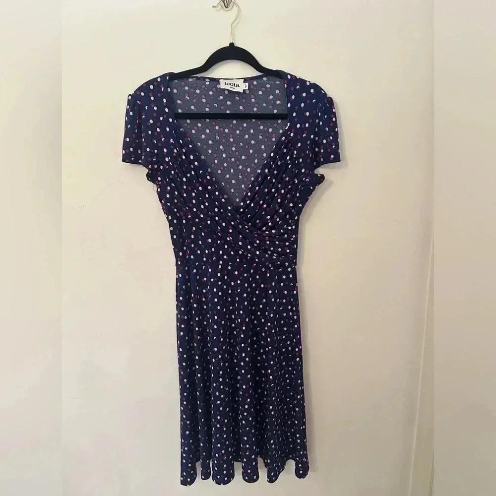 Leota Polka Dot A-Line Career Work V-Neck Tie Waist Dress Size Medium - Picture 1 of 5